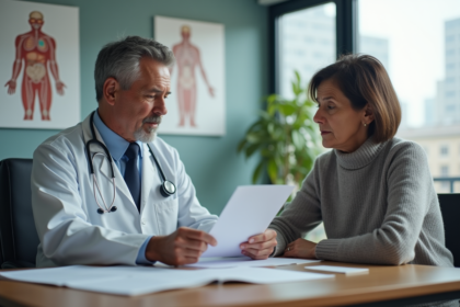 Medecin expliquant un document à une patiente inquiète