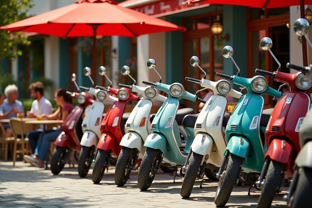 Scooters et mopeds colorés garés devant un café ensoleille