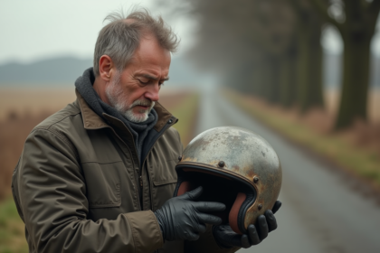 Motard homme examine un casque ancien en extérieur