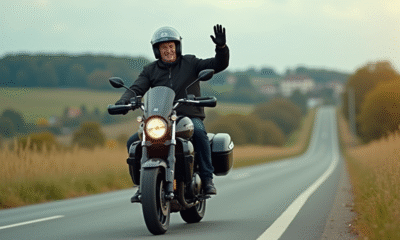 Motard homme saluant en roulant sur une route rurale