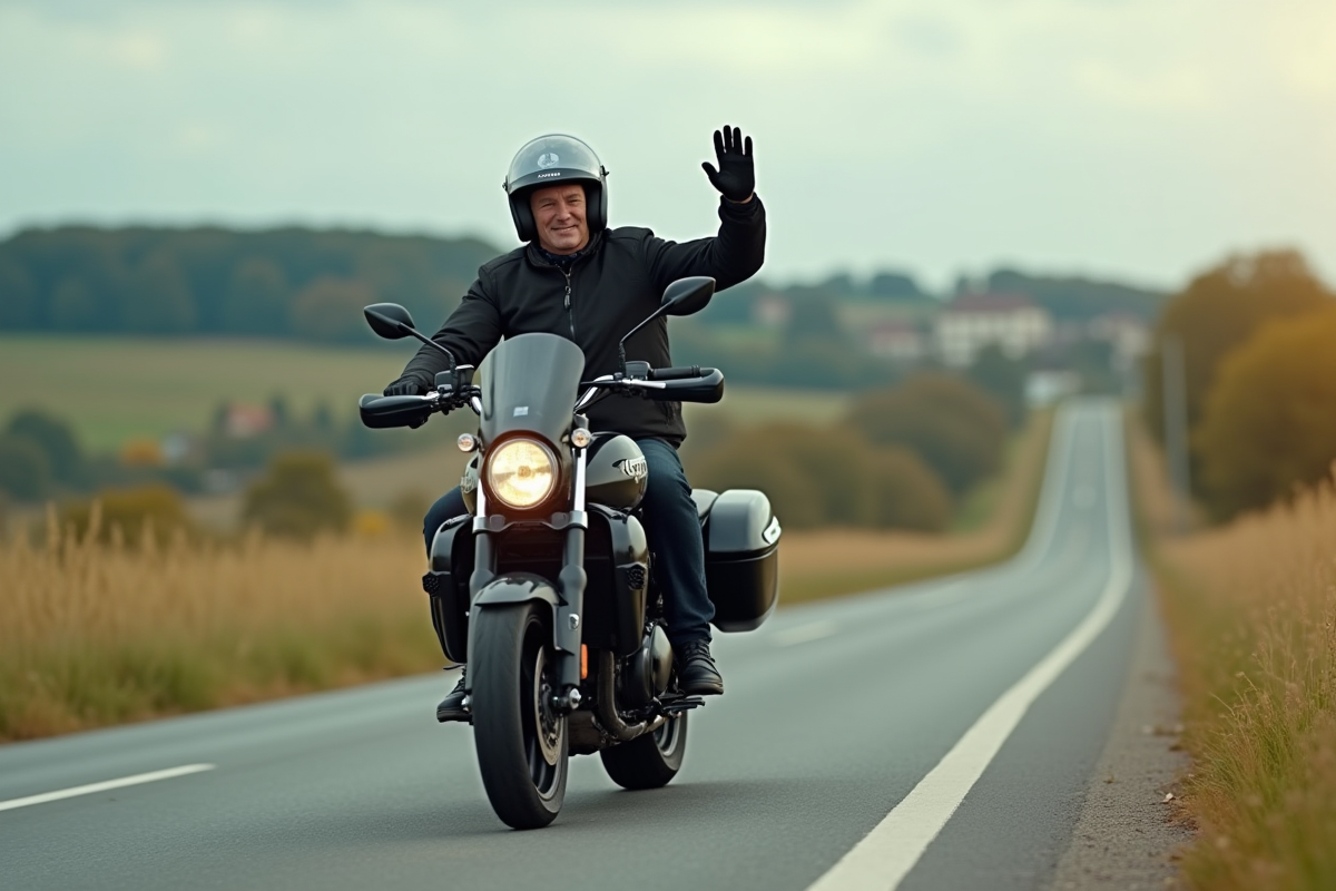 Motard homme saluant en roulant sur une route rurale