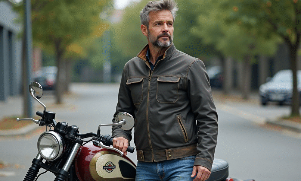 Motard d'âge moyen à côté d'une moto vintage en ville