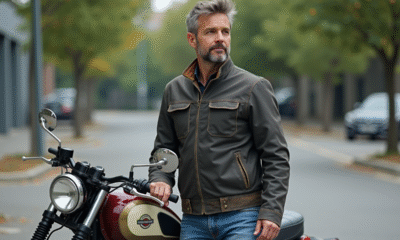 Motard d'âge moyen à côté d'une moto vintage en ville