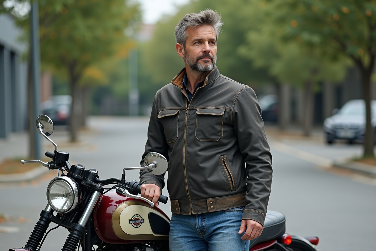 Motard d'âge moyen à côté d'une moto vintage en ville