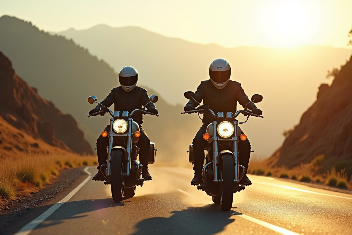Deux motards sur une route de montagne ensoleillée avec équipement de sécurité