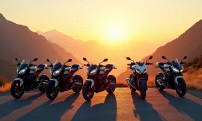 Ligne de motos 2025 sur route de montagne au lever du soleil