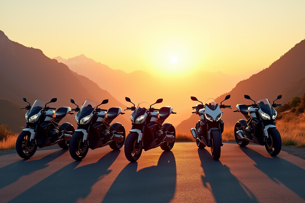 Ligne de motos 2025 sur route de montagne au lever du soleil
