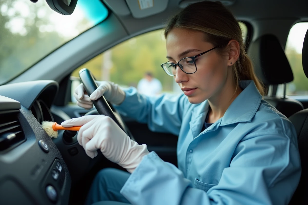 Jeune femme nettoyant un ventilateur de voiture avec une brosse