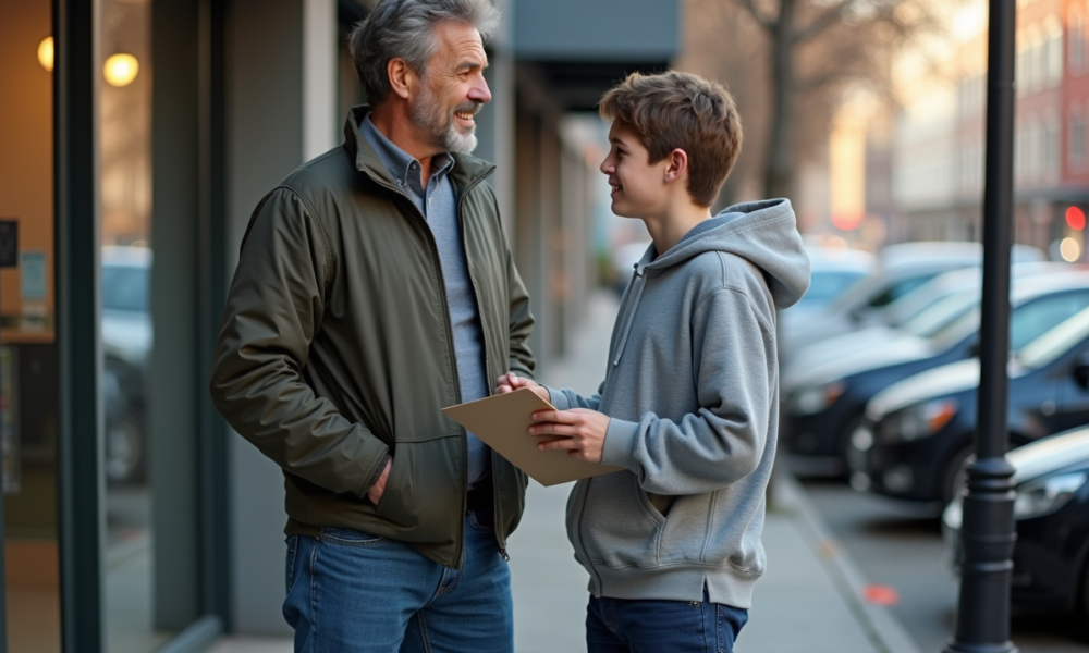 Père et fils discutant de documents d'assurance dehors