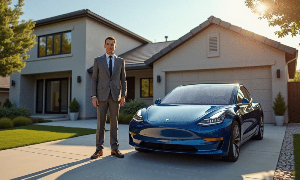 Personne avec une Tesla Model 3 devant une maison moderne
