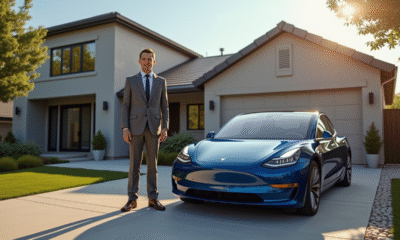 Personne avec une Tesla Model 3 devant une maison moderne