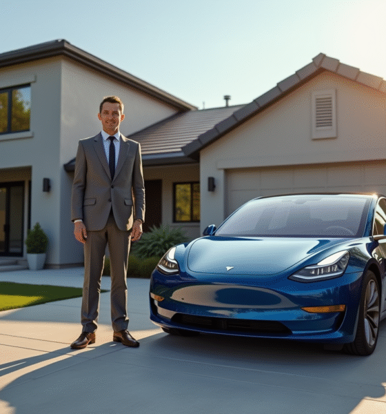 Personne avec une Tesla Model 3 devant une maison moderne