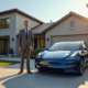 Personne avec une Tesla Model 3 devant une maison moderne