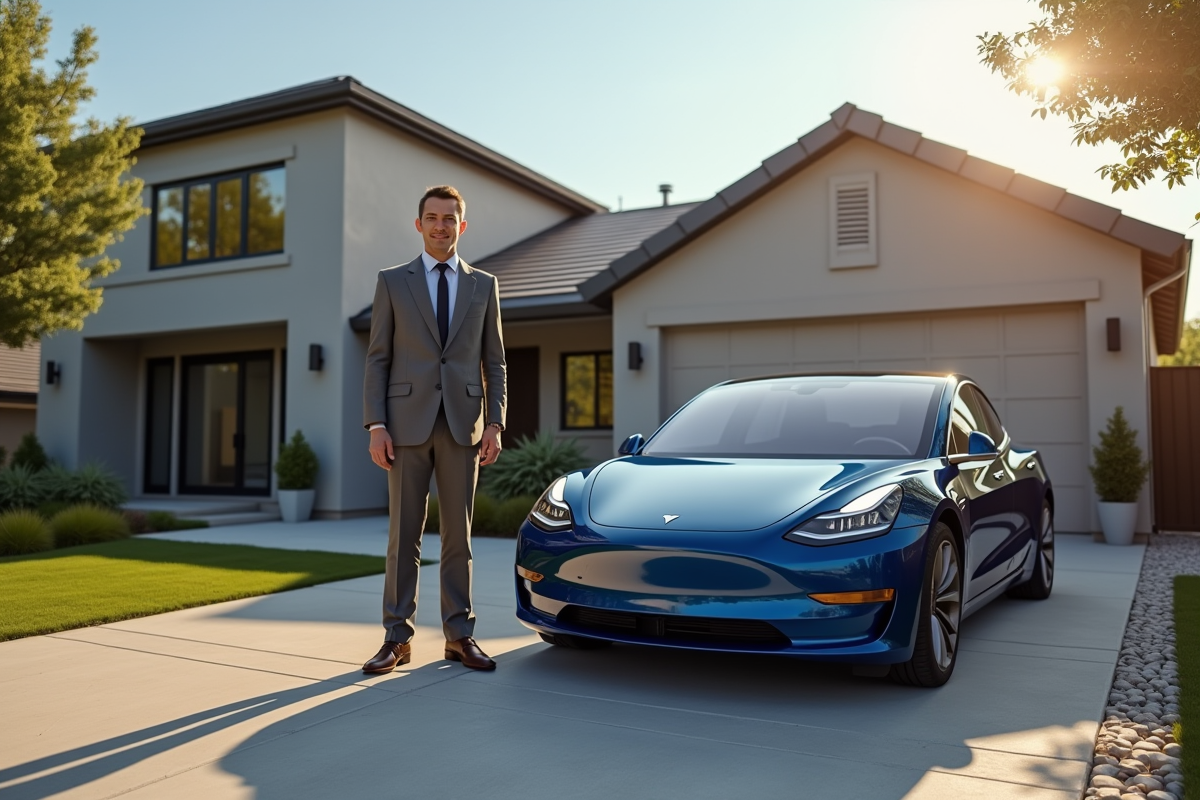 Personne avec une Tesla Model 3 devant une maison moderne