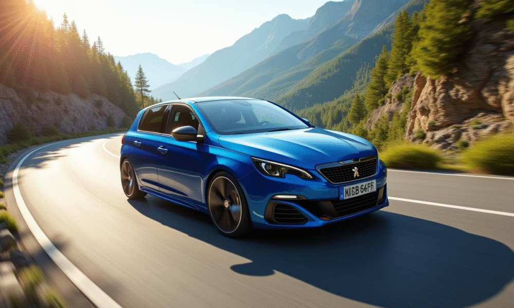 Peugeot 308 GT sportive sur route de montagne ensoleillee