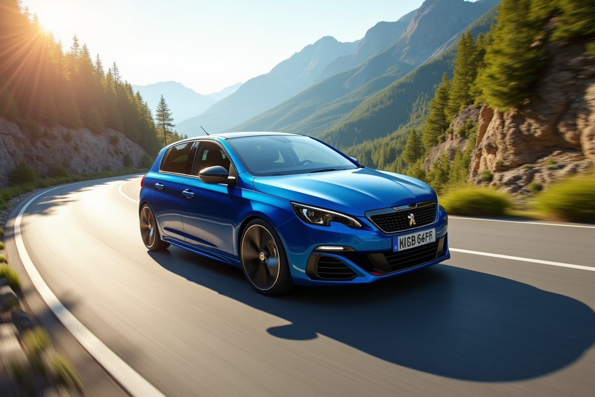 Peugeot 308 GT sportive sur route de montagne ensoleillee