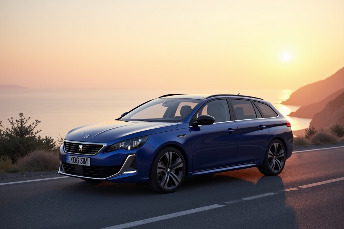 Peugeot 308 SW au lever du soleil sur une route côtière