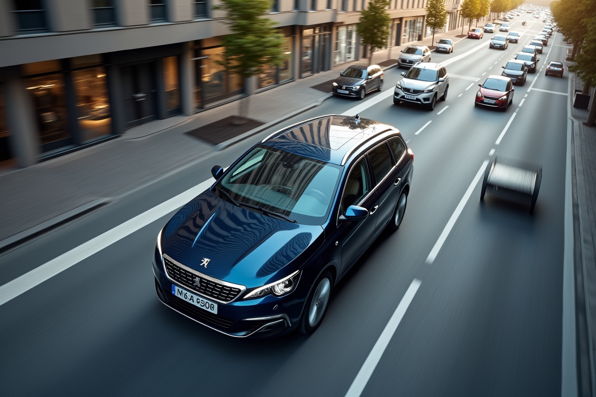 Peugeot 308 SW conduite en ville avec bâtiments modernes