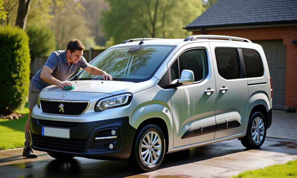 Voiture Peugeot Partner moderne en nettoyage dans une allée ensoleillée