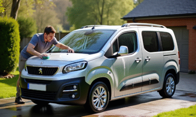 Voiture Peugeot Partner moderne en nettoyage dans une allée ensoleillée