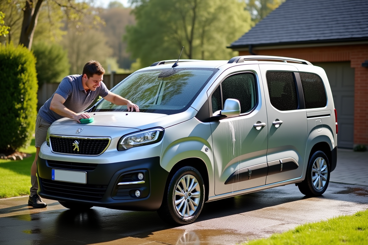 Voiture Peugeot Partner moderne en nettoyage dans une allée ensoleillée
