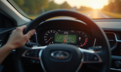 Tableau de bord voiture avec GPS affichant miles et km