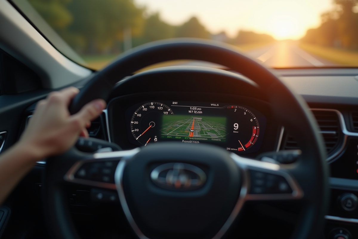 Tableau de bord voiture avec GPS affichant miles et km