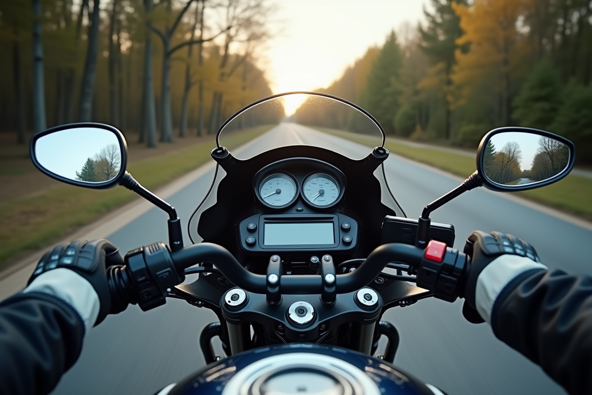 Détails du tableau de bord moto avec mains gantées et miroirs lumineux