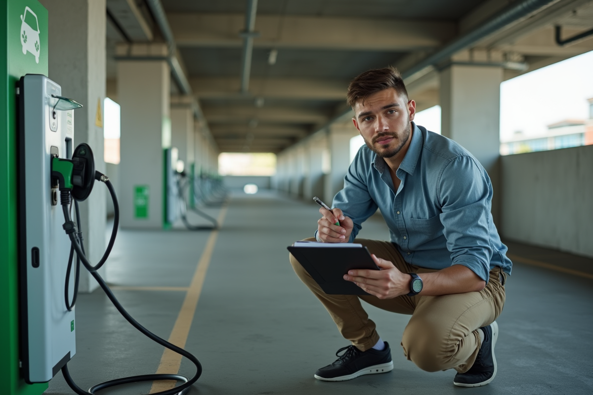 Jeune technicien près station de recharge hybride en parking