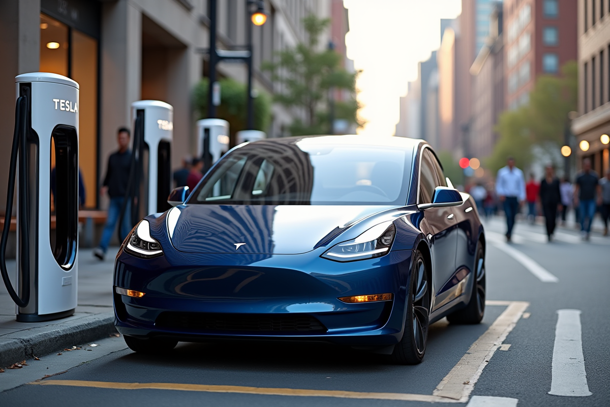 Tesla en charge dans une ville animée en milieu urbain