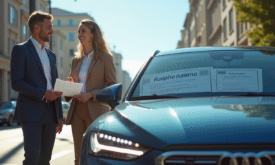 Voiture moderne garée en ville avec personnes discutant