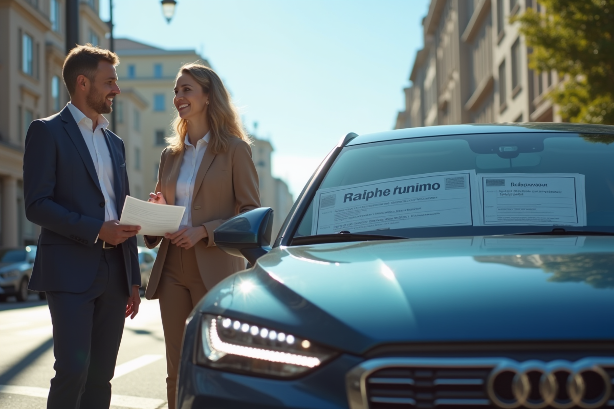 Voiture moderne garée en ville avec personnes discutant